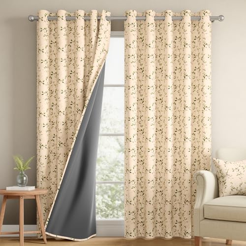 Image of Wakefit Printed Blackout Window Curtains 5 Feet | Set of 2 | Upto 99% Room Darkening | Double Layered Fabric | Thermal Insulated & Noise Reducing Curtains for Living Room| Leafline Beige