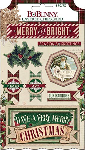 American Crafts Christmas Treasures Adhesive Layered Chipboard 8/Pkg-W/Chiffon Glitter Accents