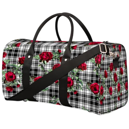 Rose Flower Plaid Travel Duffel Bag, Buffalo Plaid Sports Tote Gym Bag, Foldable Weekender Overnight Bag, Luggage Handle Bag for Women Men
