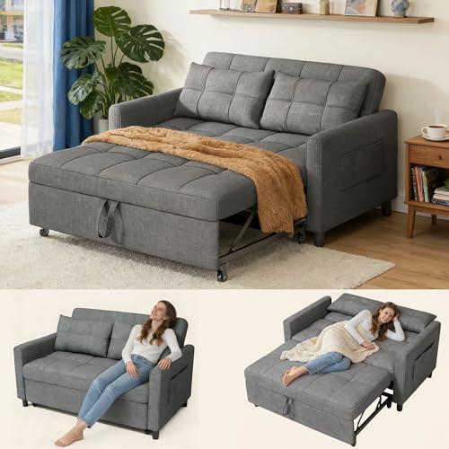 Gizoon 3 in 1 Sofa Bed, 52.4 Inch Convertible Pull Out Couch, Loveseat Sleeper Sofa with Two Pillows, Small Sofa Couches for Small Spaces, Apartment, Living Room, Bedroom, Dark Grey Dark Gre