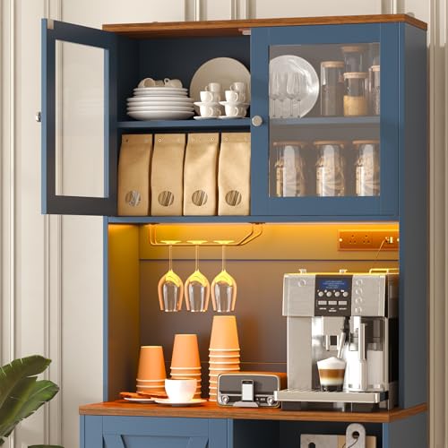 Image of 71 inch Tall Coffee Bar Cabinet with Storage Hutch, Farmhouse Kitchen Pantry Cabinet with LED Lights Microwave Stand and Glass Holder for Home Dining Room Kitchen (Blue)