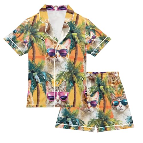 senya Tropical Cat Sunglasses Satin Summer Pajama Sets Silk Short Sleeve Button Down Sleepwear