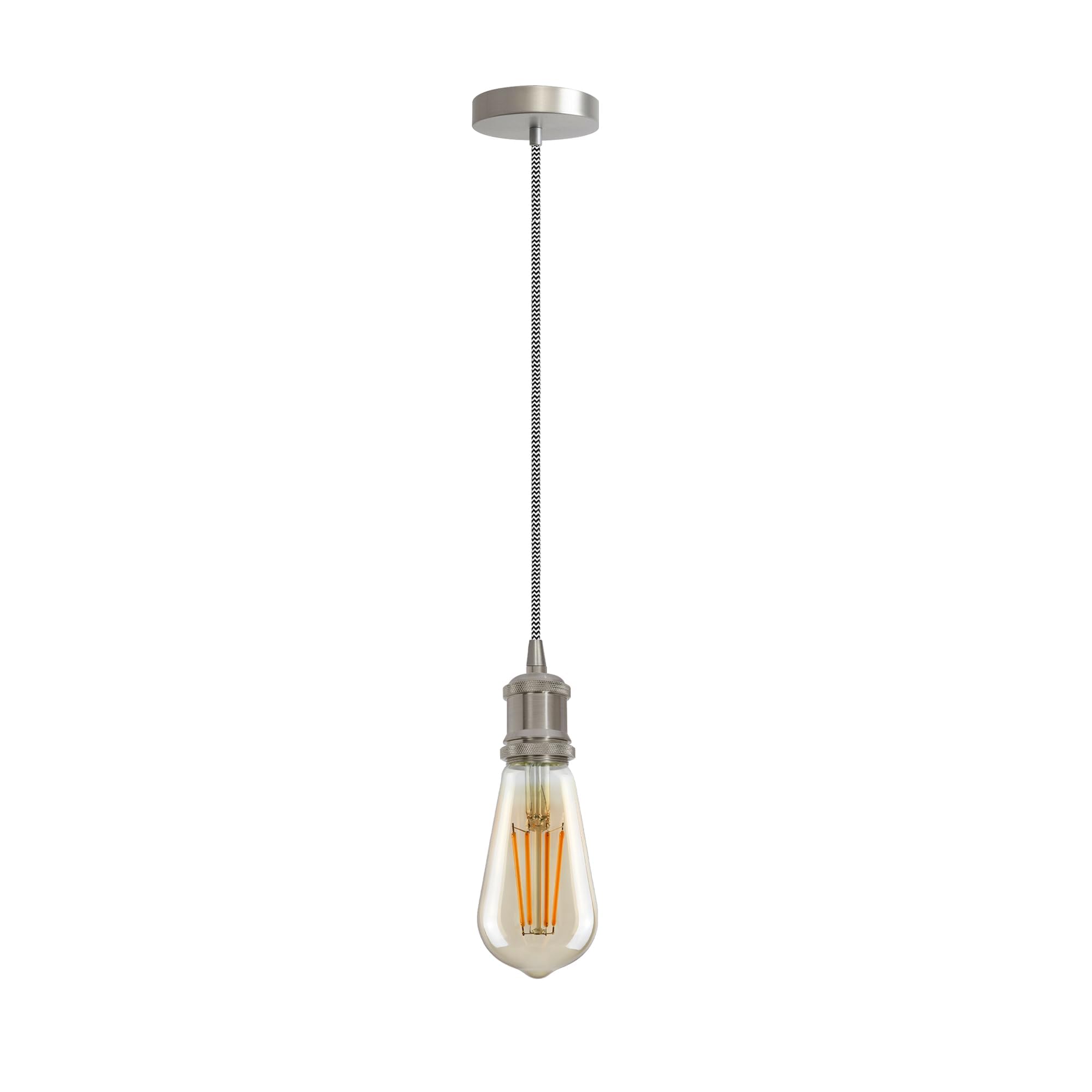 LEDSone Satin Nickel E27 Pendant Light Fitting Vintage Metal Ceiling Light with 1M Braided Flex Adjustable Hanging Lamp Holder Kit for Kitchen Dining Room Indoor Lighting