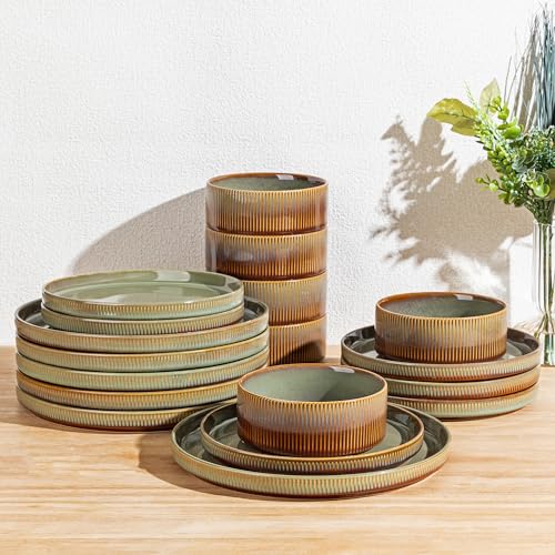 Image of TheTerra Ceramic Dinnerware Sets for 6, 18 Pieces Porcelain Lightweight Plates and Bowls Sets, Scratch Resistant Dish Set, Oven & Microwave & Dishwasher Safe, Sage Umber