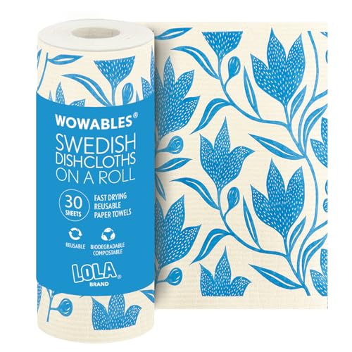 LOLA Swedish Dishcloths XL on a Roll, 30 Sheets, Floral Pattern, Perforated Tear-Off 11" x 10" Sheets w/Hook, Reusable Absorbent Unpaper Towels Cellulose Sponge Cloth Biodegradable Made in Germany