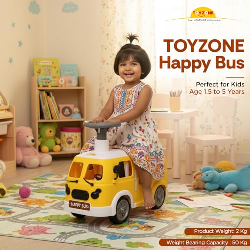 Image of Toyzone Happy Bus - Yellow | Toddler Ride-on | Lights & Music | Ride-on with Easy Storage | Grip Wheels | Make in India | Indoor & Outdoor | for Kids 2+ Years