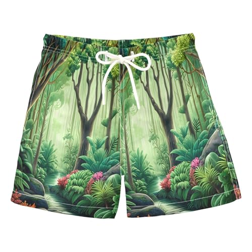 DOMIKING Jungle Stream Tropical Plants Boys Swim Shorts Quick Dry Swimsuit with Elastic Waistband for Boys Kids Adjustable Waist S