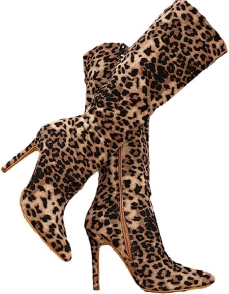 Women's Stiletto High Heel Knee High Boots Leopard Pointed Toe Side Zip High Stilettos Heel Boots Animal Print Boot