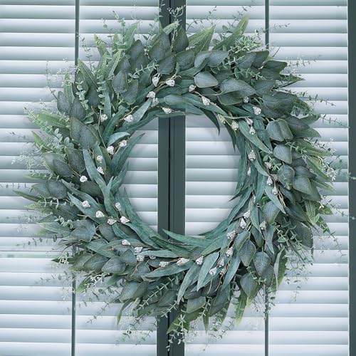 32 Large Artificial Eucalyptus Wreath with Seeds for Front Door(Green)