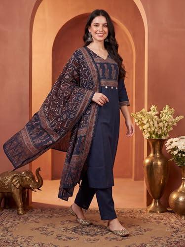 Image of INDO ERA Women's Straight Pure Cotton Floral Self Design Kurta & Pant With Dupatta Set | Kurta Sets For Woman