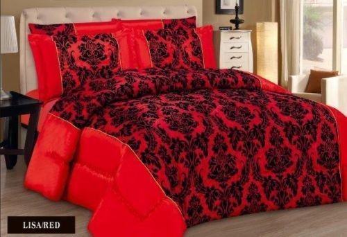 New Kelly Damask Luxury Super Soft 3pc Flock Quilted Bedspread Comforter Bed - Red Black (Double (220cm X 240cm))