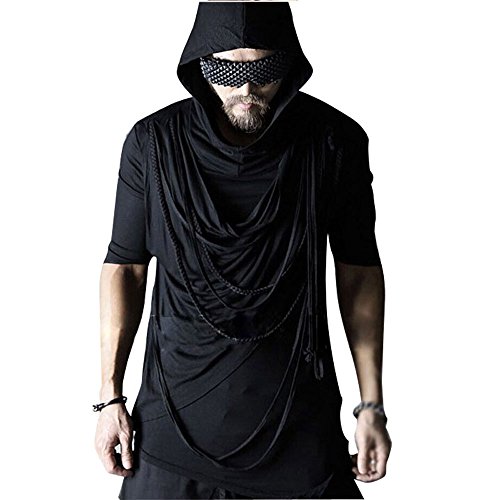 N&E-EMAIGI Men's Hooded Slim Fit Short Sleeve Black T Shirt Punk Gothic Stage Clothing Male Casual Rope Tees Shirts