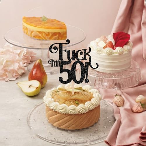 ZHUOWEISM 1 PCS Happy 50th Birthday Cake Topper Glitter I'm 50 Cheers to 50 Cake Pick hello 50 Funny 50 Cake Decorations for 50th Birthday Anniversary Party Cake Decorations Supplies Black — view 5