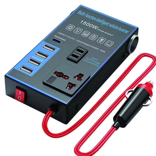 Koolenry Inversor de Corriente para Coche de 1500 W, 12 V, 24 V A 220 V, Cargador USB para Teléfono Móvil, Camión, Enchufe Doméstico, Cargador Automático, Adaptador/Convertidor.