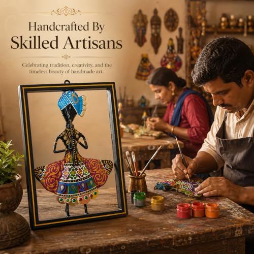 Image of iHandikart Folk Dancer Metal Wall Art for Home Decor, Iron Wall Sculpture with Hand-Painted Traditional Indian Folk Design, Decorative Wall Hanging for Living Room, Bedroom & Office (10.5 x 8 Inch)