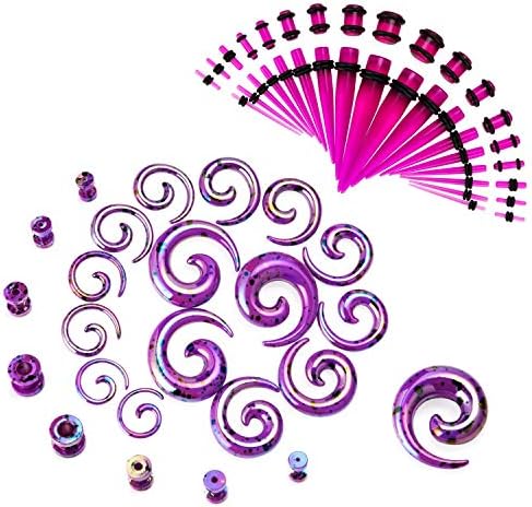 64 Pieces Acrylic Spot Gauge Kit Spiral Tapers Tunnels and Plugs 14G-00G Ear Stretching Starter Set Body Piercing Jewelry (Purple / 64Pcs / Set)