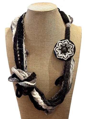 Handmade Infinity Yarn Multi Strand Cowl Rope Scarf with Button accent, Blacks, Grays and Cream Colors -LRW DESIGNS