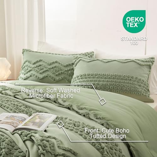 Image of Luxudecor Sage Green Tufted Comforter Set Queen Size 3 Pieces Boho Shabby Chic Comforter Farmhouse Embroidery Bedding Set Soft Comforter for All Seasons (Sage Green, 90''x90'')