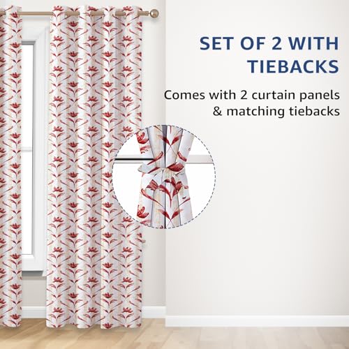 Image of Amazon Basics - Leaf Print Light Filtering Curtains | 100% Cotton 150 TC | Set of 2 | 7 Feet | 115 x 210 cm | Maroon | Eyelets & Tiebacks| Ideal for Bedroom and Living Room
