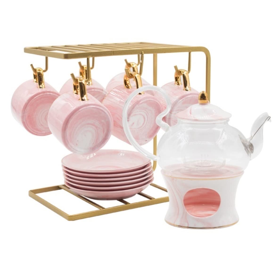 GTHTUHFD Tea Set Tea Cups Teapot Set European Tea Set Afternoon Tea Ceramic Pot And Cup Set Candle Heating Glass Teapot Coffee Mugs Porcelain Tray Home Tea Cup Set Tea Pot Set Cof,Roze-20pcs