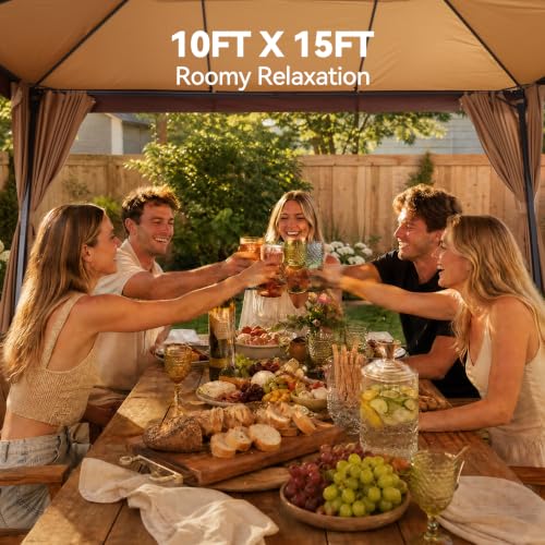 Image of COBIZI 10x15 Outdoor Patio Gazebo with Privacy Curtains, Khaki | Soft Top Gazebo Double Roof, Dual Ceiling Hooks, Privacy Curtains, Heavy-Duty Steel Frame Canopy for Backyard, Deck & Garden