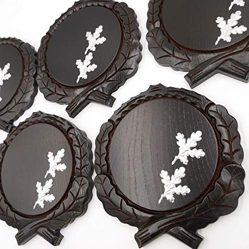 GTK - Juego de 5 placas cuña talladas oscuras AF 17,5 cm con 10 hojas de aluminio de roble, portada de cuñas, tabla de especias, cartel para trofeos
