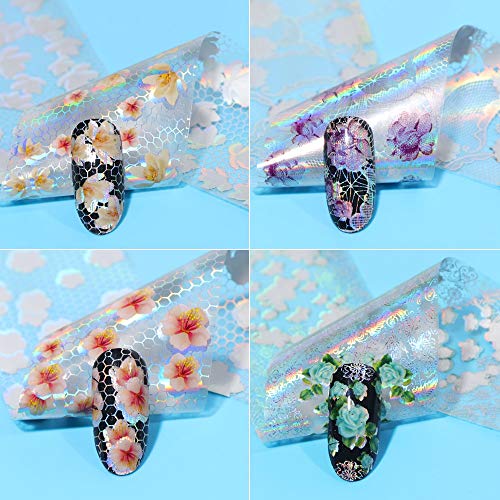 Nail Transferfolie 16 teile/satz Mix Weißer Spitze Nail art Transferfolie Holographische Blumen Designs Nagel Aufkleber… – Bild 6