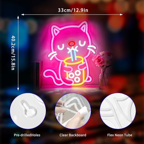 Image of Neon Sign, Cat Neon Signs for Wall Decor LED Signs Neon Light | Cat Neon Sign, Cat Boba Tea Led Sign for Bedroom, Kids Room, Business, Cafe, Party, Bar, Home Decor, Gift, USB Powered
