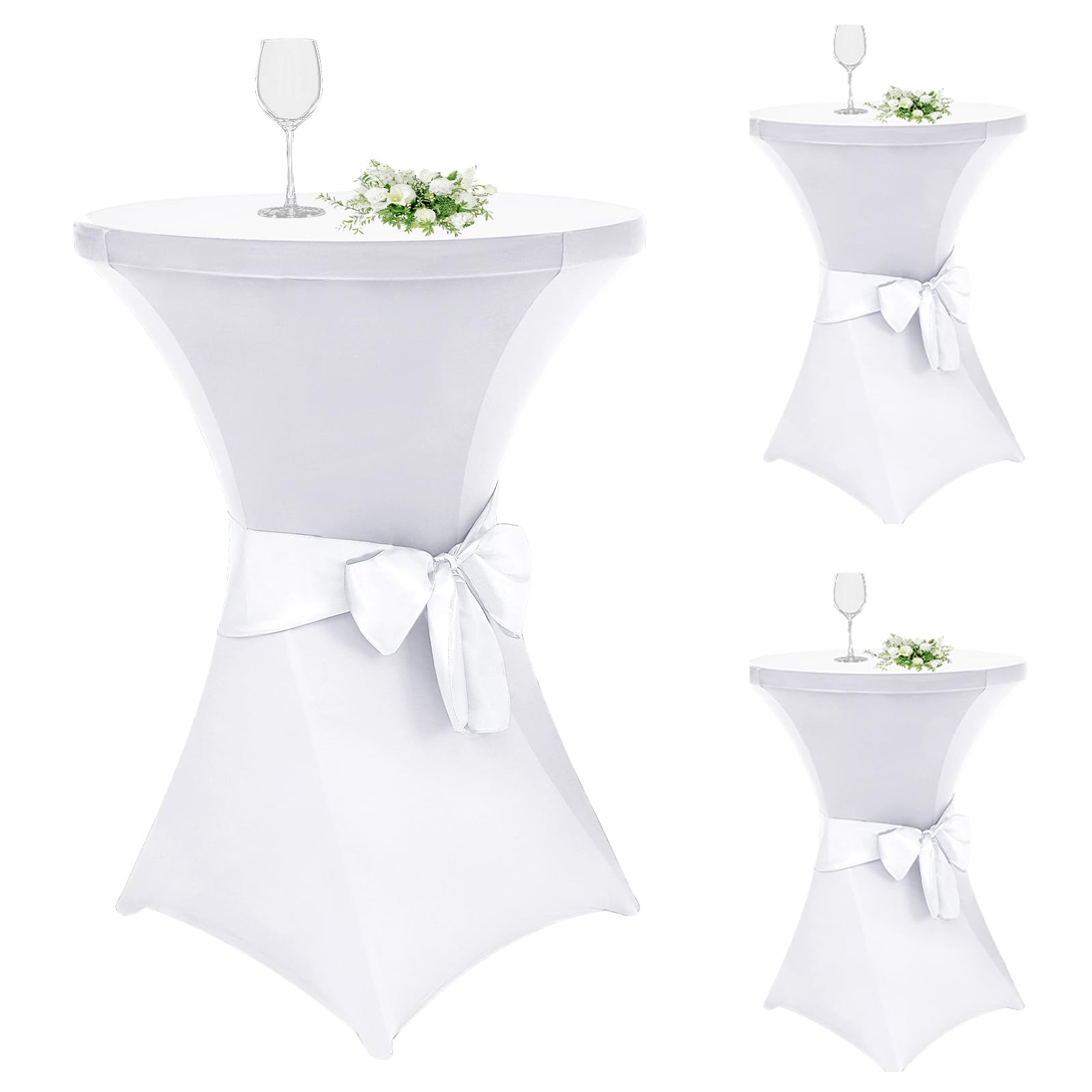 Alishomtll Lot de 3 housses de table haute avec nœud, diamètre 80 cm, extensibles, élégantes housses de table pour table de bistrot, table haute, banquet, mariage (Ø 80 x 110 cm, blanc)
