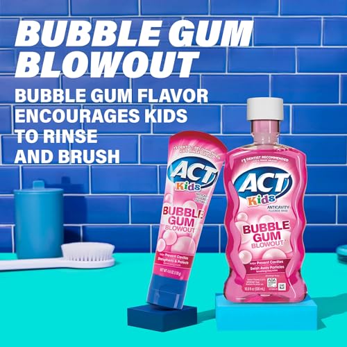 Image of ACT Kids Anticavity Fluoride Mouthwash, Sugar & Alcohol Free Mouth Rinse Strengthens Teeth, Bubble Gum Blowout, 16.9 fl. oz.(Pack of 3)