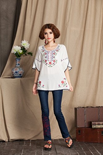 Image of Mexican Shirts Peasant Blouses Cotton Embroidered 3 /4 Sleeve Bohemian Tops Boho Clothes for Women Summer Fiesta