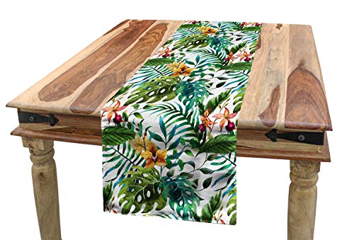 Ambesonne Leaf Table Runner, Vintage Retro 60S Seem Banana Palm Tree Leaves Flowers Hibiscus, Dining Room Kitchen Rectangular Runner, 16" X 90", Caramel Burgundy #TOP24