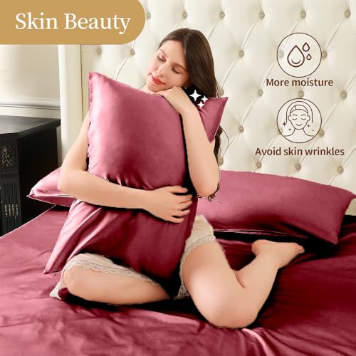 Mulberry Silk Pillowcase for Hair and Skin Standard Size,Silk Pillowcase 20"X 26" with Hidden Soft Breathable Smooth Cooling Pillow Covers for Sleeping,Gifts for Women Men(Red, 20x26 Inches, 1 Pack) - image 3