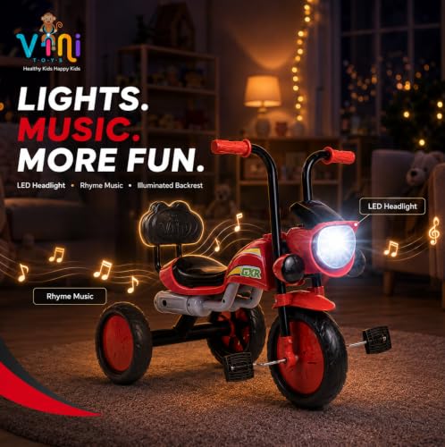 Image of GXR Tricycle for Kids 2 to 5 Years | Baby Cycle 2 to 5 Years | Baby Tricycle & 3 Wheeler Cycle for Kids with LED Headlight, Rhyme Music, EVA Wheels, Backrest & Steel Frame (Red)