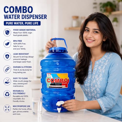 Image of PLAMO Water Dispenser Jar with Tap | BPA Free Plastic Water Storage Container | Leak-Proof Portable Water Jug for Home, Office, Kitchen, Camping & Outdoor Use | Assorted Colors (Blue)
