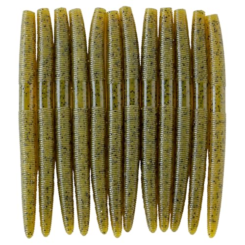 Image of Senko Bait Soft Plastic Lures 5 inch Senkos 24 Pcs for Wacky Rig Freshwater Fishing Green Pumpkin senko with Black Flake
