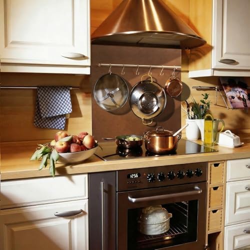 29.5“x29.5” Aged Copper Finish 304 Stainless Steel Range Hood Backsplash with Solid Brass Rail & S Hooks,Stove Backsplash,Vintage Style,Kitchen Wall Splash Guard. - 1