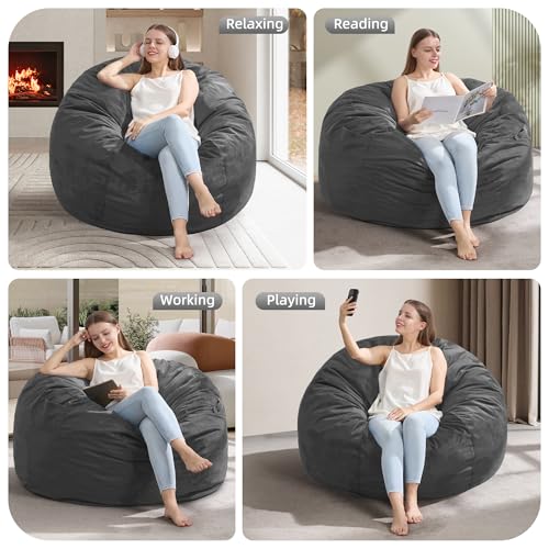 Image of Hobestluk Large Bean Bag Chairs 3FT Big BeanBag for Adults Boneless Chair | Memory Foam,Washable Cover,Storage Pocket,Handle,Lightweight Round Dorm Chair Big Adult Bean Bag Study Room Gaming | Grey 3FT