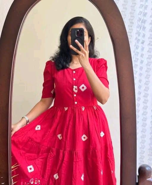 Image of Women's Red Cotton Midi Dress with White Diamond Print | Button-Front, Short Sleeves & Tiered Flare Design for Women Stylish |Dress One Piece Dress for Women