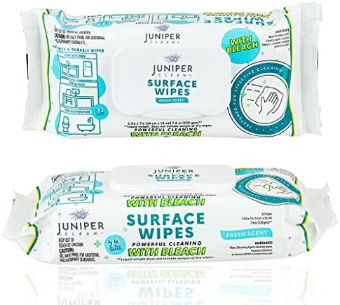 Juniper CLEAN 24 Pack Surface Cleaning Wipes with Bleach, All-Purpose Cleaner for Bathroom, Kitchen, Office, 1728 Count Soft Flow, Fresh Scent, Lint Free & Durable