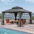 SHPAI 10’ x 10’ Hardtop Gazebo, Outdoor Aluminum Gazebo with Galvanized Steel Double Roof Canopy, Outdoor Permanent Metal Pavilion with Curtains and Netting for Patio, Backyard and Lawn, Dark Grey