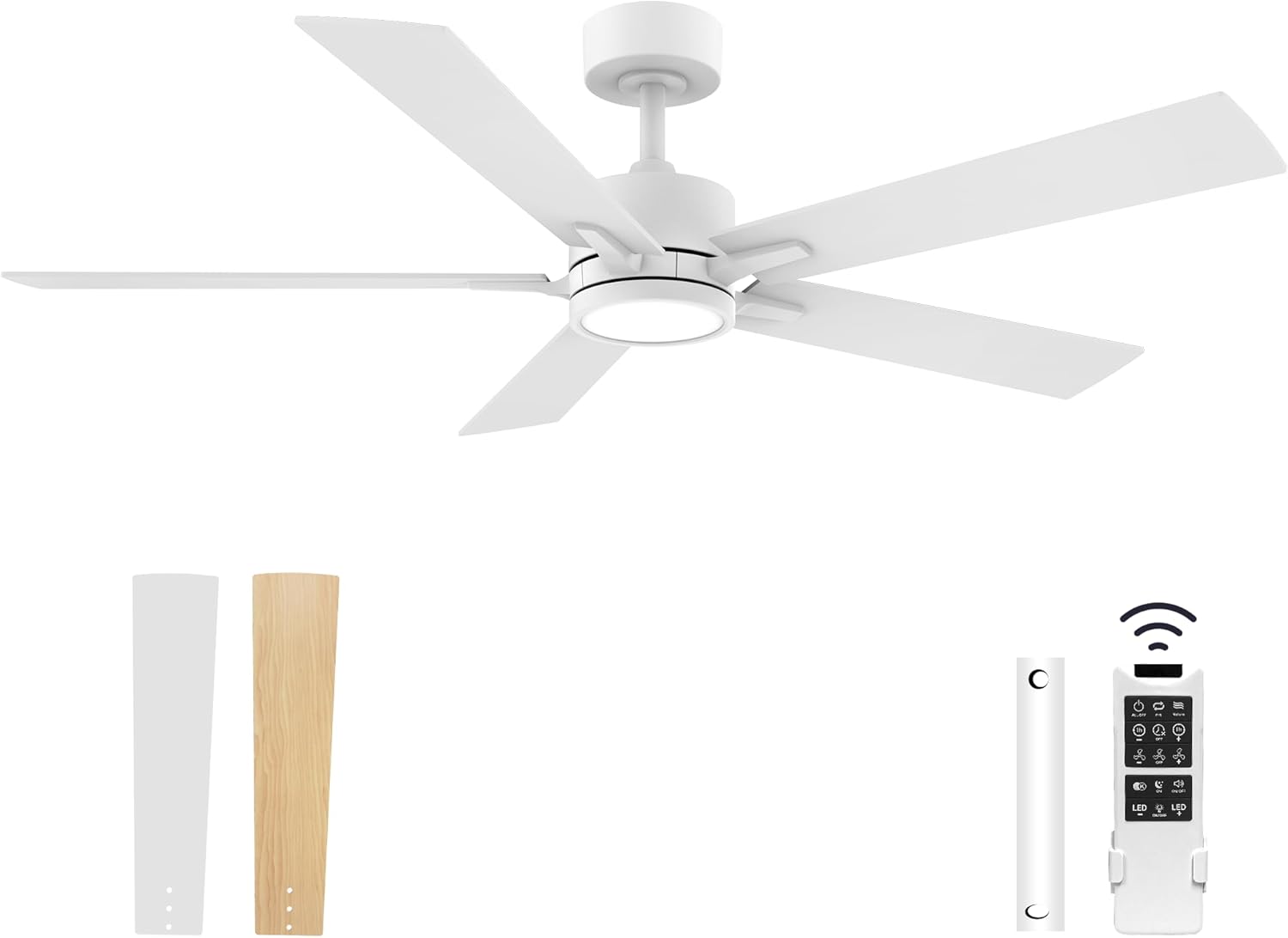 52" Ceiling Fan with Lights and Remote Control,Quiet DC Motor,Indoor outdoor Modern Ceiling Fans with Dimmable LED Light,6-Speed, 5-Blade,Waterproof, White/light wood for Bedroom,Patio,Porch B-Light Wood&White