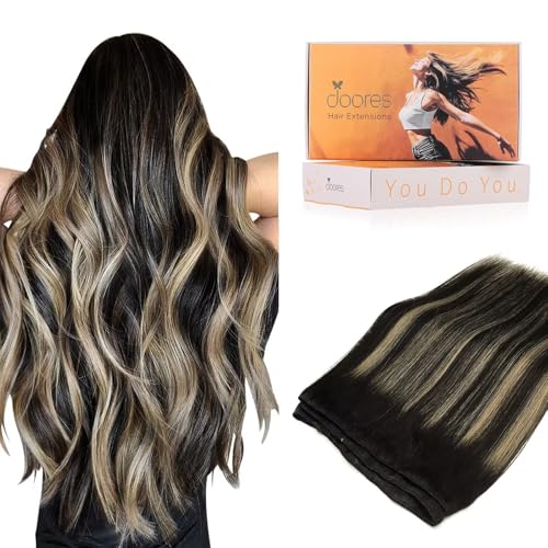 Image of DOORES Real Human Hair Extensions, Balayage Natural Black to Light Blonde 22 Inch 110g, Sew In Weft, Long Straight Style for Women