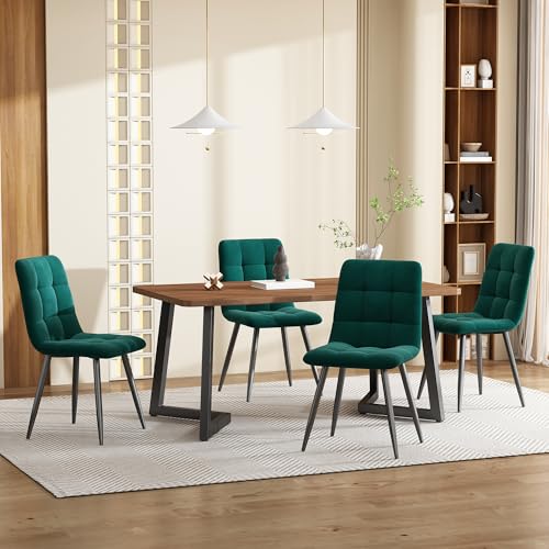 QXJVA Juego de mesa de comedor color nogal, 117 x 68 cm, patas de metal negro, juego de mesa de cocina con terciopelo verde oscuro para cocina y comedor (mesa con 4 sillas)