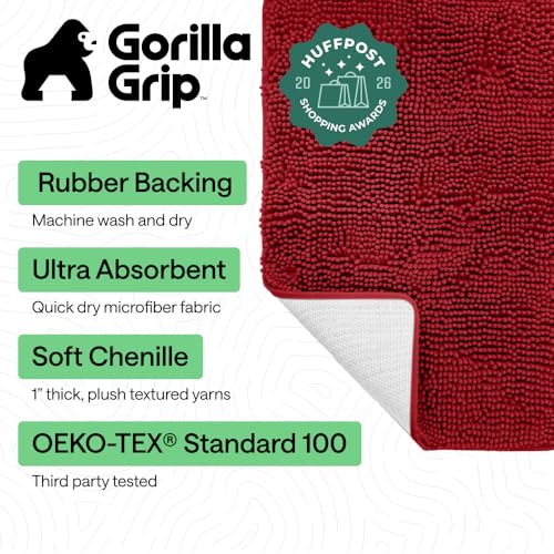 Image of Gorilla Grip Luxury Chenille Bathroom Rug Mat, 60x24, Extra Soft and Absorbent Shaggy Rugs, Machine Wash Dry, Perfect Plush Carpet Mats for Tub, Shower, and Bath Room, Red