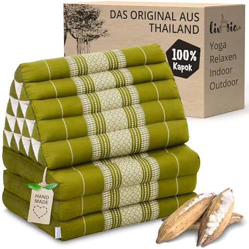 livasia Thaikissen 3 Auflagen extrahoch - 185x55x8cm - Dreieckskissen mit Klappmatratze, Kapok, Jumbo Rückenkissen faltbar, Thaimatte Klappen,...