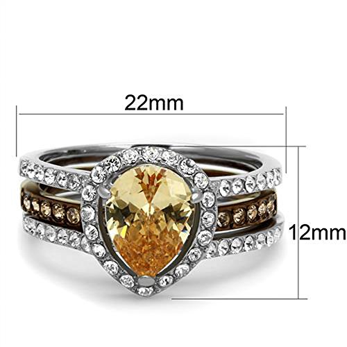Marimor Jewelry 2.08 Carat Pear Cut Champagne Zirconia Two Toned Stainless Steel Wedding Ring Set2