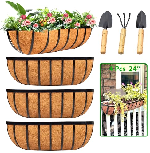 LCHUANG Railing Planter Window Box - 4 Pack 24 Inch Deck Balcony Rail Planter with Coconut Coir Liner Fence Metal Hanging Flower Basket Deck Railing Planter Boxes for Outdoor Garden