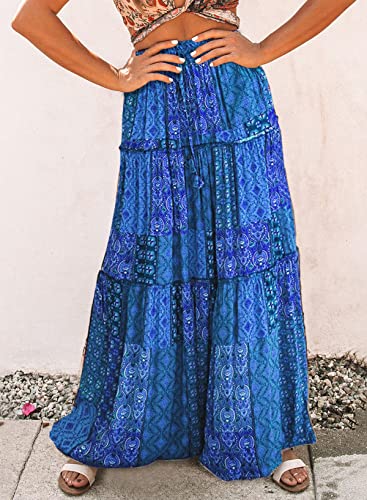 Happy Sailed Womens Retro Boho Printed High Waist Elastic Waist A Line Flowy Long Maxi Beach Skirts With Pockets Blue Medium #TOP7