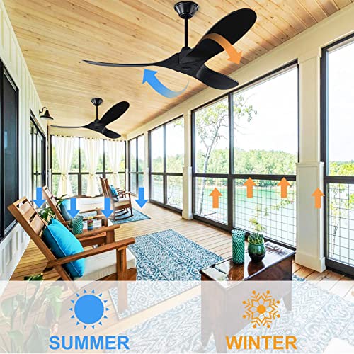 Black Ceiling Fan No Light 52" Wood Ceiling Fan With Remote, Outdoor Ceiling Fan For Patio, 3 Blade Large Airflow Indoor Outdoor Damp Rated Propeller Ceiling Fan For Bedroom Exterior Porch Gazebo #TOP2